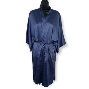 Victoria's Secret Satin Robe Midi Length Blue Women's M/L Tie Closure w Pockets